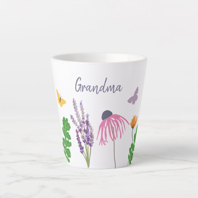 Caneca De Café Latte Flores de Jardim e Borboletas Vovó Aniversário (Frente)