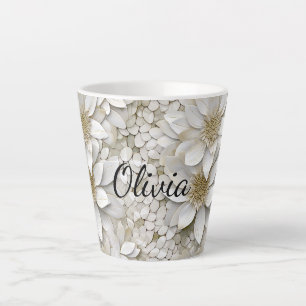 Caneca De Café Latte Flores de Lótus Brancas Douradas Personalizadas