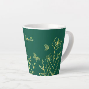 Caneca De Café Latte Flores de ouro simples esmeralda verde