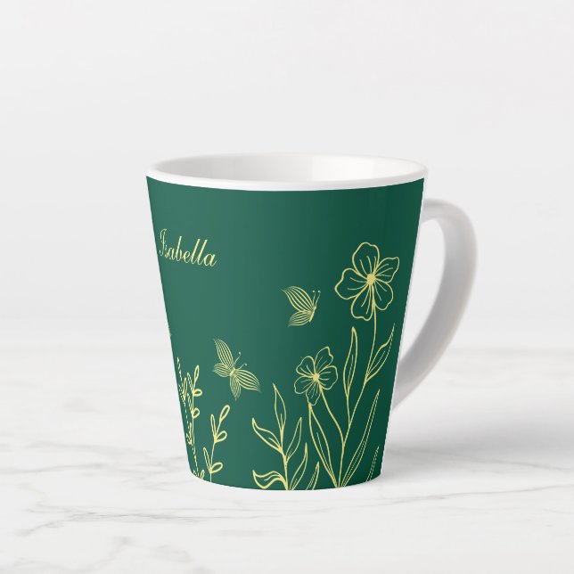 Caneca De Café Latte Flores de ouro simples esmeralda verde  (Ângulo direito)