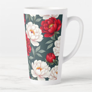 Caneca De Café Latte Flores de peônia vermelhas e brancas