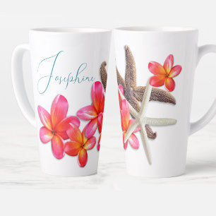 Caneca De Café Latte Flores de Plumeria Estrela-do-Mar Personalizadas