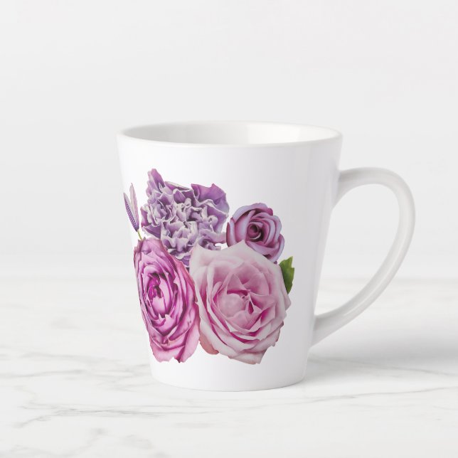Caneca De Café Latte Flores de Rosa de Lavanda branca rosa (Direita)