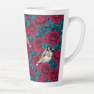 Caneca De Café Latte Flores de rosa vermelha e aves-pintadas