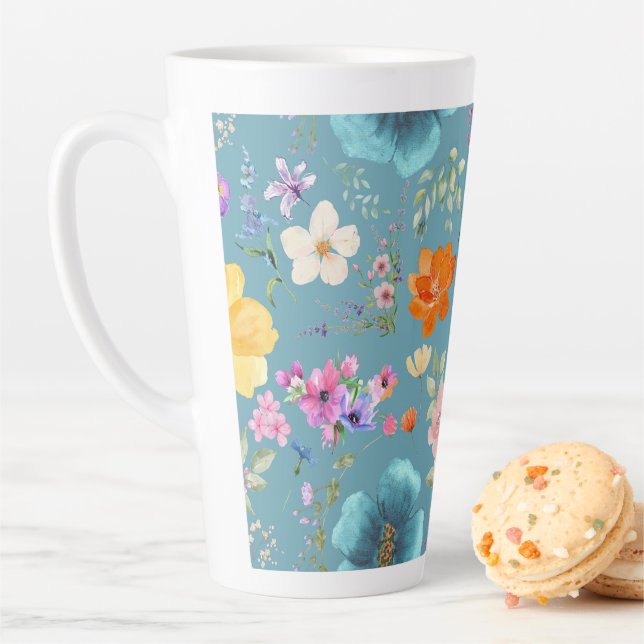Caneca De Café Latte Flores De Vidro De Teal Aquarela Latte De Café (In Situ)