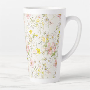 Caneca De Café Latte flores delicadas com uma borboleta em estilo chinê