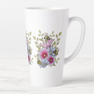 Caneca De Café Latte Flores e Abelhas, Arte Botânica à Mão Livre
