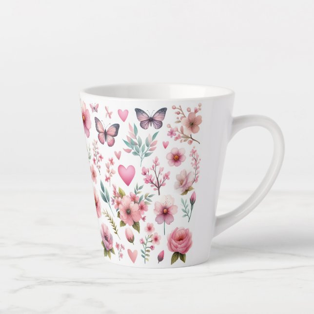 Caneca De Café Latte Flores e Borboletas Rosa (Direita)