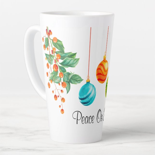 Caneca De Café Latte Flores e Ornamentos de Natal (Ângulo esquerdo)