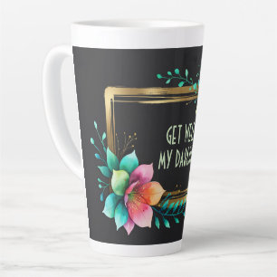 Caneca De Café Latte Flores em Aquarela - Moldura Dourada 34 + seu text