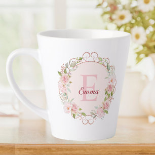 Caneca De Café Latte Flores Florais de Rosa Cor-de-Rosa em Aquarela Mon