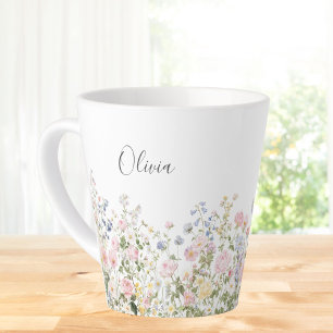 Caneca De Café Latte Flores Florais Rosa Azul Monograma Aquarela 