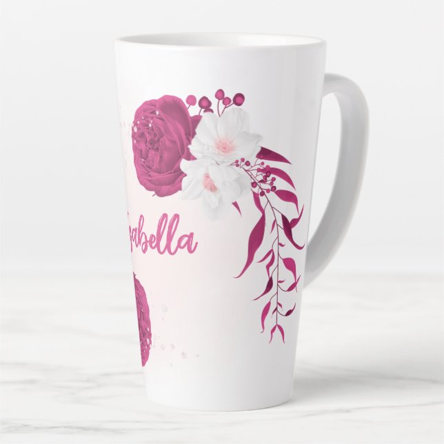 Caneca De Café Latte flores fúcsia botânico (Ângulo direito)