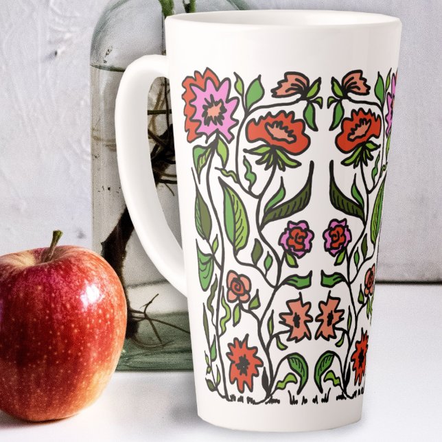 Caneca De Café Latte Flores Ilustradas de Jardim Divertido  (Criador carregado)