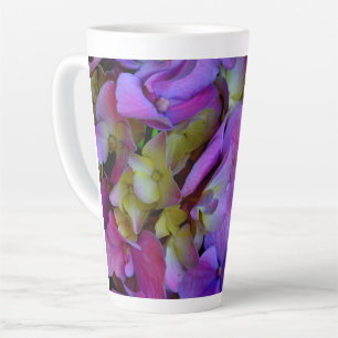 Caneca De Café Latte Flores magenta púrpura amarelas Hydrangas