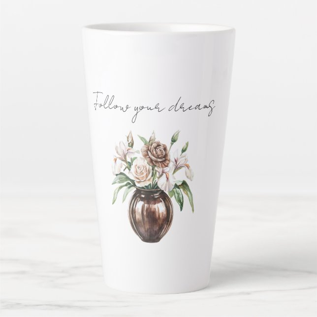 Caneca De Café Latte Flores Marrom Chocolate Creme Marfim (Frente)