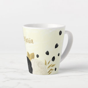 Caneca De Café Latte Flores pretas e brancas românticas, casamento dour