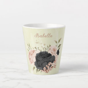 Caneca De Café Latte flores rosa com blush preto