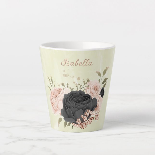 Caneca De Café Latte flores rosa com blush preto (Frente)