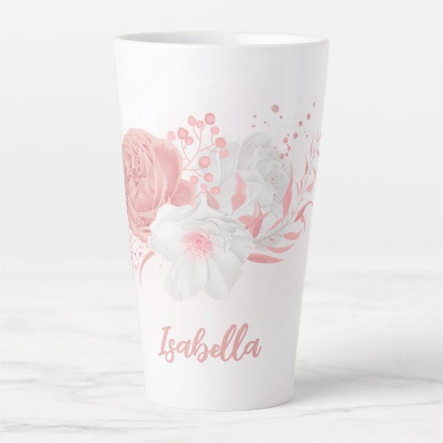 Caneca De Café Latte flores rosa e branco românticas (Frente)