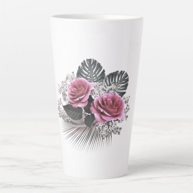 Caneca De Café Latte Flores Rosa - Folhas Tropicais (Frente)