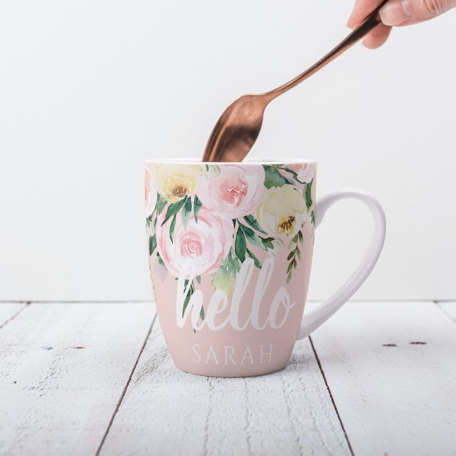 Caneca De Café Latte Flores Rosa Moderno Pastel Alô E Você Chama (Criador carregado)