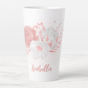 Caneca De Café Latte flores rosa romântico e branco