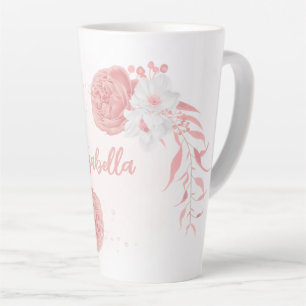 Caneca De Café Latte flores rosa romântico e branco