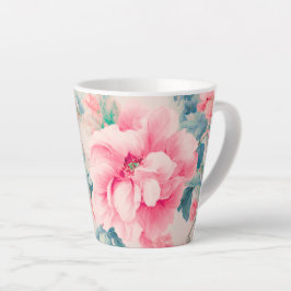 Caneca De Café Latte Flores rosa suaves e folhas cerulanas