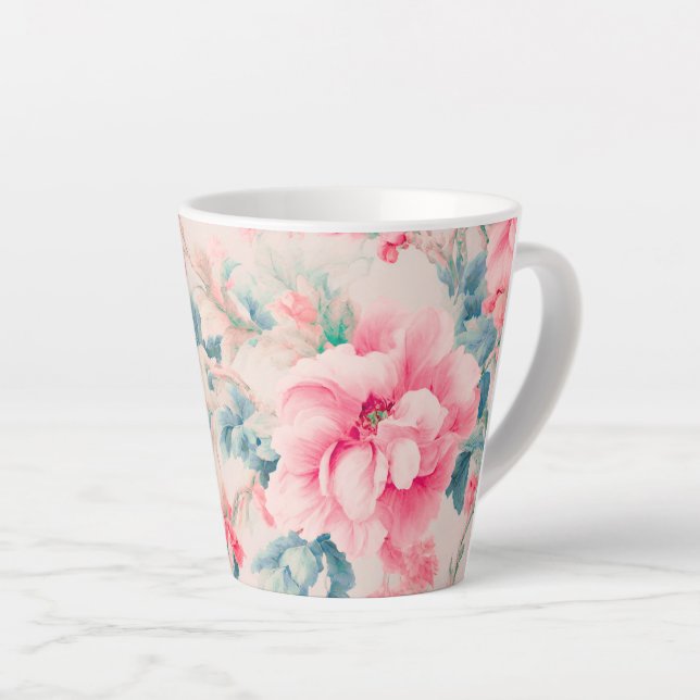 Caneca De Café Latte Flores rosa suaves e folhas cerulanas (Ângulo direito)