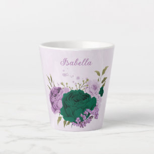 Caneca De Café Latte flores roxas esmeralda verde 