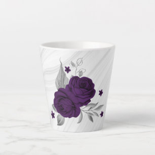 Caneca De Café Latte flores roxas reais folhas prateadas mármore