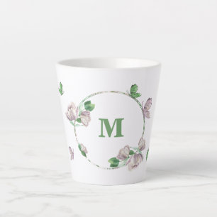 Caneca De Café Latte flores roxas verde borboletas