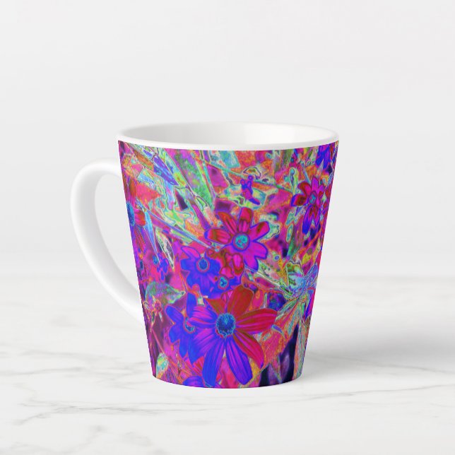 Caneca De Café Latte Flores Silvestres Psicodélicas Retro Carmim e Mage (Ângulo esquerdo)