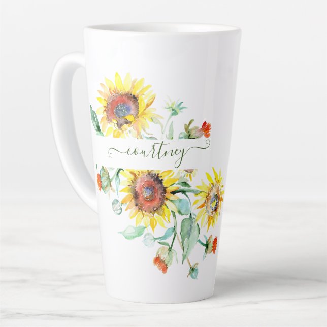 Caneca De Café Latte Flores solares de aquarela personalizadas (Ângulo esquerdo)