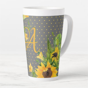 Caneca De Café Latte Flores Solares Monogramas Decor de Cinzas Amarelas