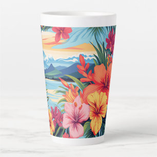 Caneca De Café Latte Flores Tropicais Coloridas e Paisagem
