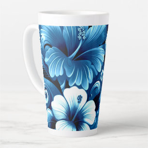 Caneca De Café Latte Flores tropicais havaianas Hibiscus Padrão Azul
