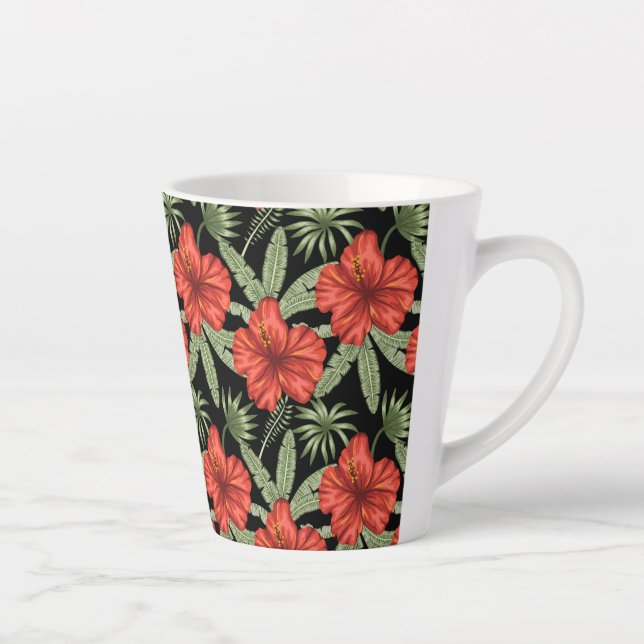 Caneca De Café Latte Flores tropicais vermelhas Folhas verdes (Direita)