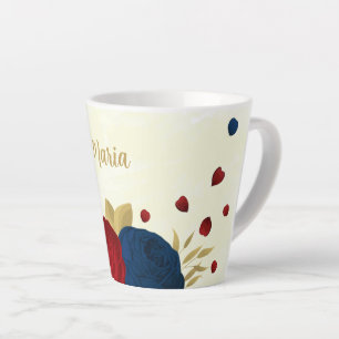 Caneca De Café Latte flores vermelhas e azuis-marinho folhas douradas c