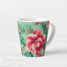 Caneca De Café Latte Flores Vermelhas e Folhas Verdes Extremas