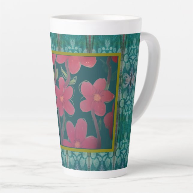 Caneca De Café Latte Flores Vermelhas em Aqua (Ângulo direito)