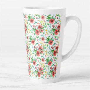 Caneca De Café Latte Flores Vermelhas Pintadas À Mão Padrão Floral- 234