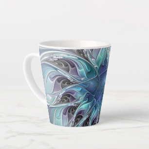 Caneca De Café Latte Florescer Floral Fractal Moderno Abstrato Com Azul