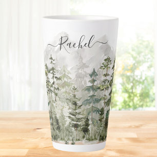 Caneca De Café Latte Floresta de Pinheiro Verde Monograma em Montanha e