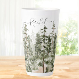 Caneca De Café Latte Floresta Verde Personalizada de Aquarela Rústica