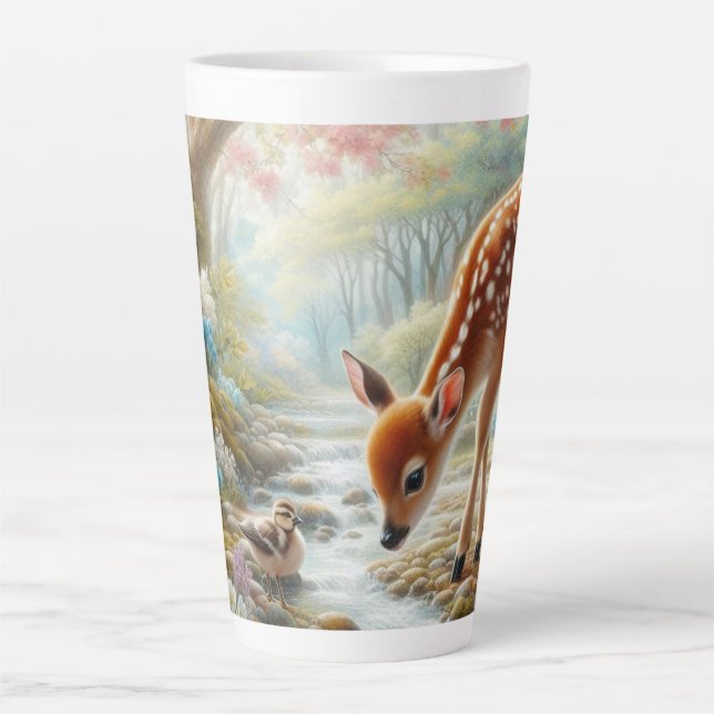 Caneca De Café Latte Florestas de primavera com pato e fada/veado (Frente)
