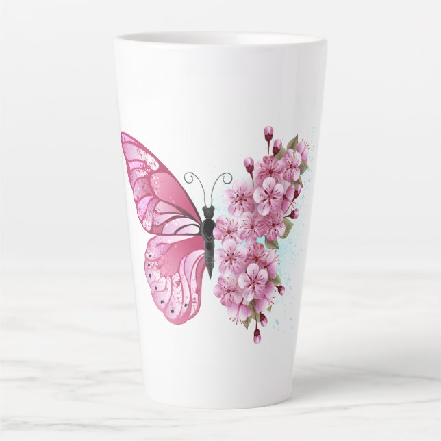 Caneca De Café Latte Flower Butterfly with Pink Sakura (Frente)