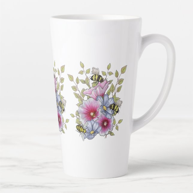 Caneca De Café Latte Flowers and Bees, Freehand Botanical Art (Direita)