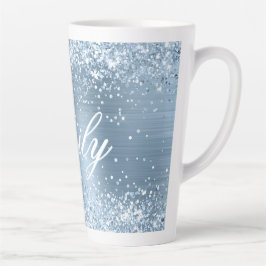 Caneca De Café Latte Folha Azul Claro da Glittery Personalizada